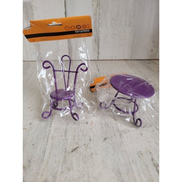 Halloween village purple metal chair table miniature accessory set - Picture 1 of 7